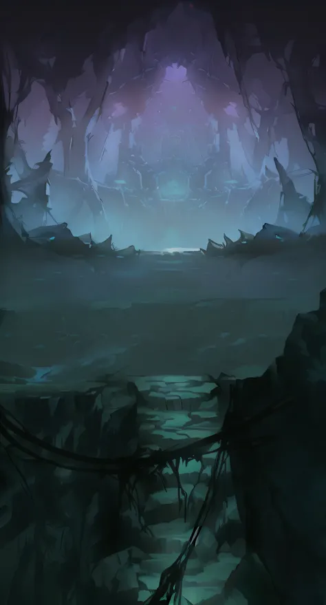 The platform on the steps has green water,Green light flashes in the cave, There is a spider web in the middle,In the darkness around me, the red light is watching,