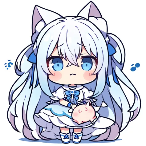 masterpiece,best quality,girl,Long hair,Pig head,Messy hair,Blue and White Ombre Hair,White background,Unhappy expressions,Sad expression,详细的girl头像,Third view,9 emoticons,Three quarter side,Saddened expression,Look down