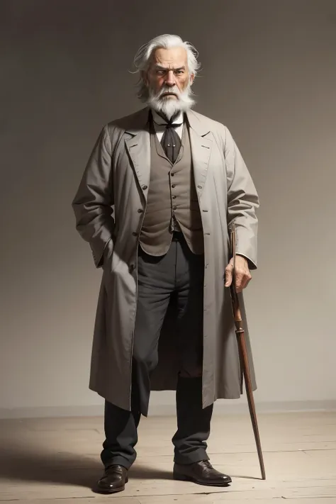 (An old man) in 19th century clothing, White skin, grey hair, wrinkles on the face, full body, distressed face, short beard, somewhat disheveled, make him look angry and waving his hands.