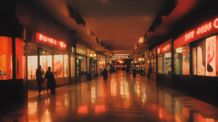 a strange painting of an empty shopping mall at night. the stores are closed, and the only light comes from flickering neon sign...