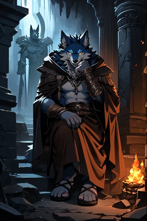 (((Barefoot furry character, full body, cinematic setting, furry male, plantigrade))), (((wearing brown leather sandals)))

(((Hades))) - (((God of the Underworld))) depicted as a mysterious (((wolf))) anthro with charcoal-gray fur and glowing amber eyes. ...