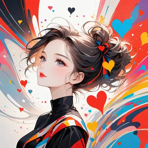 Black Star Red and White style, Simple Line Initialism，Abstract art，Urban Background, (((The most beautiful girl of all time))), Sweet face. Lips in love, colorful hearts, stylish design