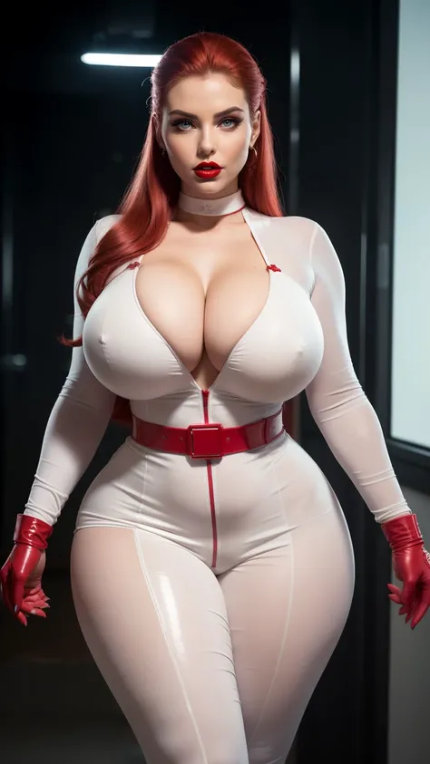 stunning woman in a white jumpsuit with a red belt and red gloves, of power, giant stunning goddess shot, Amouranth as a super villain, full-, thick build, thick body, as a retro futuristic super villain, elegant glamorous , , voluptuous body, advertising ...