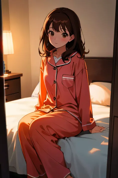 ((Highest quality, High resolution, Pixel perfect, 4K)), 1girl, pajamas, night, bedroom, brown hair, brown eyes,