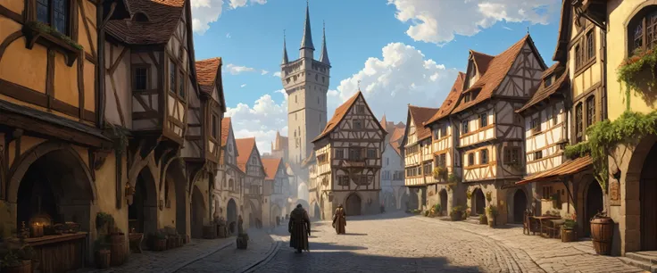 

((​masterpiece, high quality, artgerm, artstation, beautiful)), there is a painting of a man walking down a street in a medieval town, medeival Fantasiestadt, medieval town, medieval town, A busy, magical city, medieval fantasy art, Fantasiestadt setting...