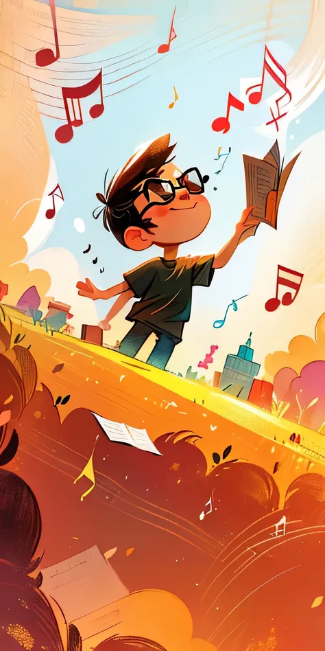 (Highest quality, masterpiece), 1 adult male,Oversized black T-shirt, A simple background with musical notes scattered throughout, Look up at the sky,A single shot that is almost completely shaved ,Black Hair,Cool sunglasses