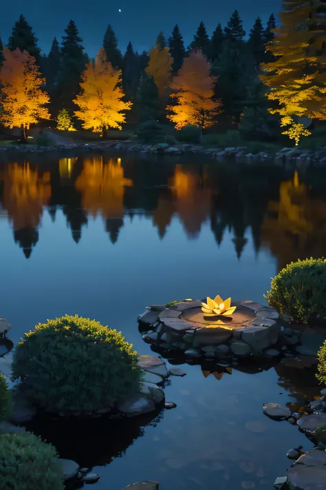 Lotus flower, lake, autumn, pine trees, night