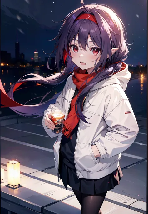 yuukikonno, Konno Yuuki, Long Hair, Pointed Ears, Purple Hair, (Red eyes:1.5), (Small breasts:1.2), Open your mouth,happy smile, smile, Open your mouth,hair band,low twin tail,Red Scarf,Oversized purple hoodie,Long skirt,Black pantyhose,short boots,He has ...