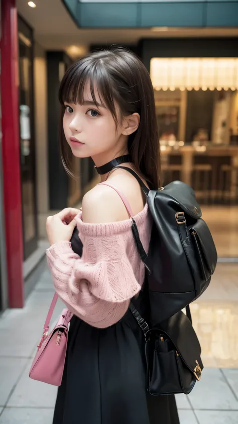 beautiful, masterpiece, Highest quality, Highly detailed face,  Perfect lighting, One girl, alone, sketch, Marnie (Pokemon), Green Eyes, Asymmetrical bangs, Backpack, bag, black choker, black Jacket, Blurred, Blurred background, choker, Mouth closed, dress...