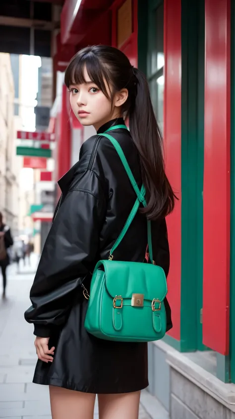 beautiful, masterpiece, Highest quality, Highly detailed face,  Perfect lighting, One girl, alone, sketch, Marnie (Pokemon), Green Eyes, Asymmetrical bangs, Backpack, bag, black choker, black Jacket, Blurred, Blurred background, choker, Mouth closed, dress...