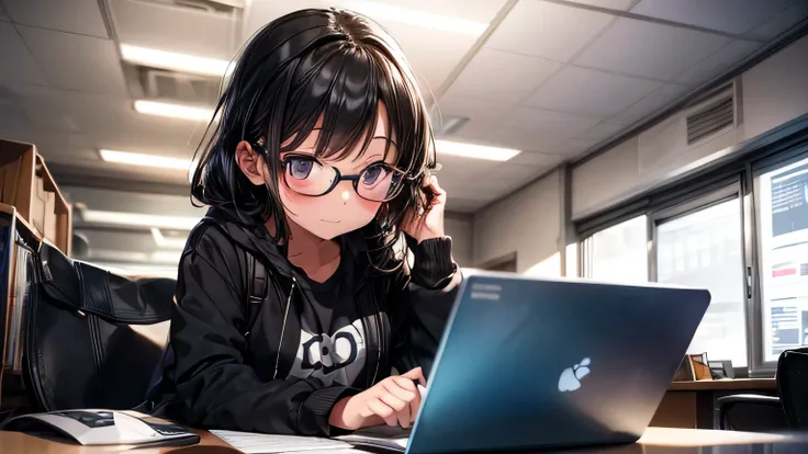 A girl with glasses writes code on a computer ,sf