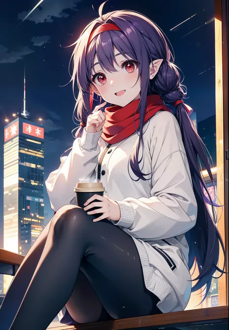 yuukikonno, Konno Yuuki, Long Hair, Pointed Ears, Purple Hair, (Red eyes:1.5), (Small breasts:1.2), Open your mouth,happy smile, smile, Open your mouth,hair band,low twin tail,Red Scarf,Oversized purple hoodie,Long skirt,Black pantyhose,short boots,Holding...