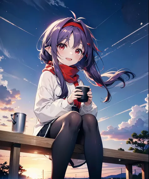 yuukikonno, Konno Yuuki, Long Hair, Pointed Ears, Purple Hair, (Red eyes:1.5), (Small breasts:1.2), Open your mouth,happy smile, smile, Open your mouth,hair band,low twin tail,Red Scarf,Oversized purple hoodie,Long skirt,Black pantyhose,short boots,Holding...