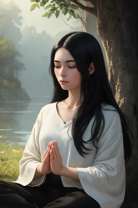 ((best quality)), ((masterpiece)), (detailed), A digital illustration of a young woman meditating with long black hair and a serene expression on her face.