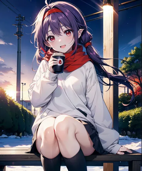 yuukikonno, Konno Yuuki, Long Hair, Pointed Ears, Purple Hair, (Red eyes:1.5), (Small breasts:1.2), Open your mouth,happy smile, smile, Open your mouth,hair band,low twin tail,Red Scarf,Oversized purple hoodie,Long skirt,Black pantyhose,short boots,Holding...