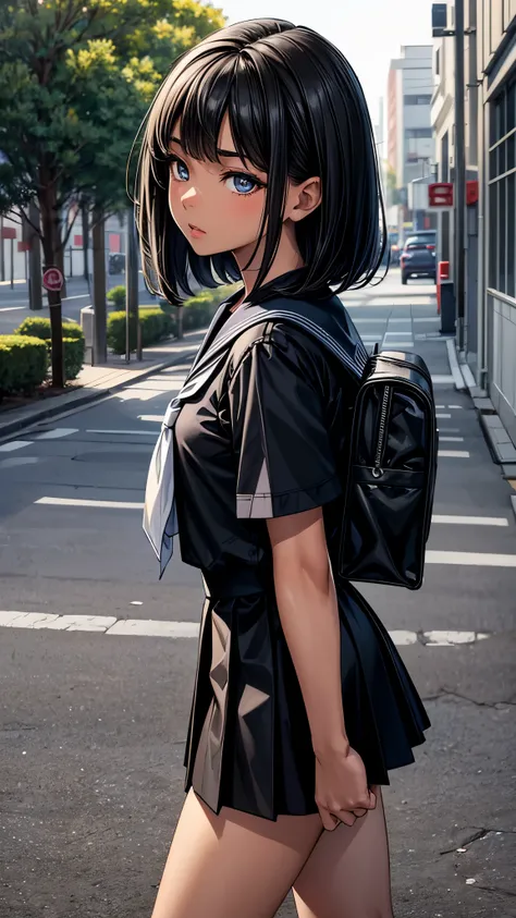 ((From side2.0)),((look away2.0)),((face close up)),beautiful detailed eyes, beautiful detailed lips, extremely detailed eyes and face, longeyelashes, 1 Japanese girl, outside the countryside,16 years old,((dark skin color)), (very short black hair),disple...