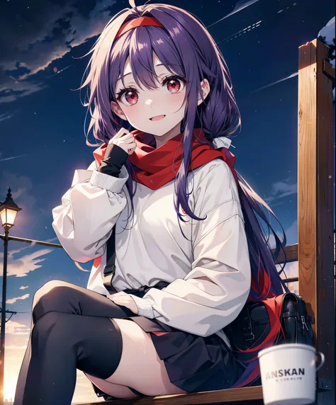 yuukikonno, Konno Yuuki, Long Hair, Pointed Ears, Purple Hair, (Red eyes:1.5), (Small breasts:1.2), Open your mouth,happy smile, smile, Open your mouth,hair band,low twin tail,Red Scarf,Oversized purple hoodie,Long skirt,Black pantyhose,short boots,Holding...