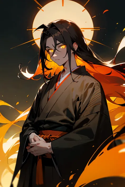 ((melhor qualidade)), ((obra de arte)), (detalhado), Male, dark hair, long hair, orange streaks in hair, Yellow eyes, Black pupils, glowing eyes, wearing red and Black kimono, playing biwa