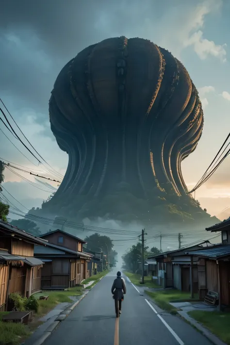 A surreal scene featuring a gigantic, octopus-like creature with numerous tentacles and a bulbous head, towering over a rural Japanese village. The creatures pale, eerie form contrasts with the traditional houses and power lines in the foreground. The over...