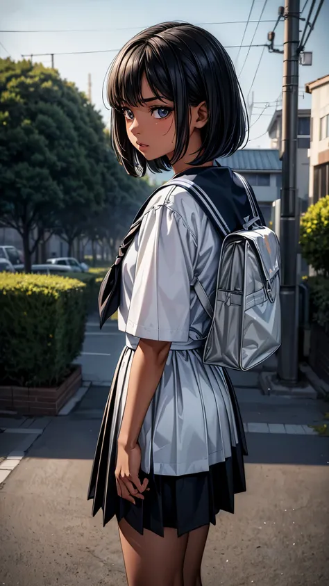 ((From side2.0)),((look away2.0)),((face close up)),beautiful detailed eyes, beautiful detailed lips, extremely detailed eyes and face, longeyelashes, 1 Japanese girl, outside the countryside,16 years old,((dark skin color)), (very short black hair),disple...