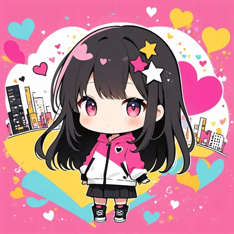 Black Star Pink and White style, Simple Line Initialism，Abstract art，Urban Background, colorful hearts ,(((The most beautiful girl of all time))), (((chibi))), 