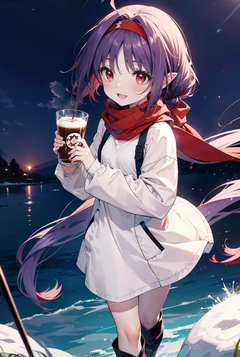 yuukikonno, Konno Yuuki, Long Hair, Pointed Ears, Purple Hair, (Red eyes:1.5), (Small breasts:1.2), Open your mouth,happy smile, smile, Open your mouth,hair band,low twin tail,Red Scarf,Oversized purple hoodie,Long skirt,short boots,Holding a paper cup of ...