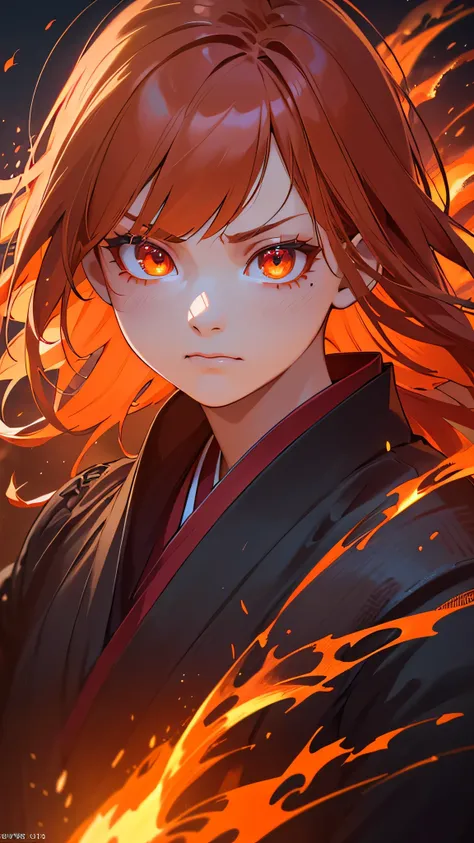 angry girl, 1girl, orange hair, ruby eyes, japanese clothes, fire, flames, fire breathing, fire sparks, glowing, (best quality,4k,8k,highres,masterpiece:1.2),ultra-detailed,(realistic,photorealistic,photo-realistic:1.37),detailed face, intricate details, v...