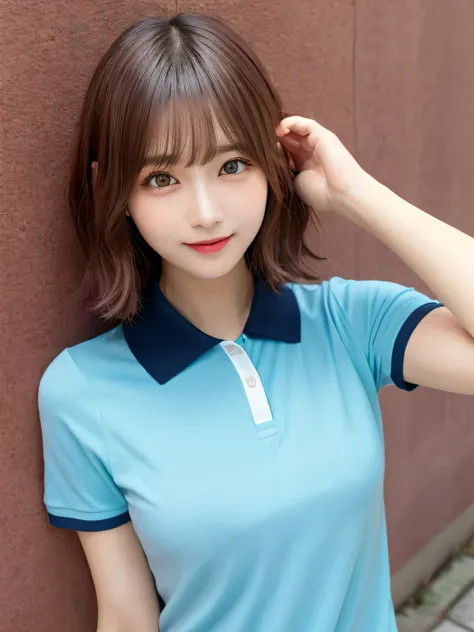 highest quality, figure, sexy、slender、Navy blue open front polo shirt、sexy very detailed, Fine details,Slim body、slender、Japanese girl、 High resolution, 8k,wallpaper, Perfect dynamic composition, Beautiful fine details, Short Bob Hair、Pink Hair Color,Big N...