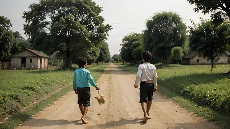 Two Friends
   - "Raj and Mamun, two young boys, playing happily in a rural village, with fields and small houses in the background."