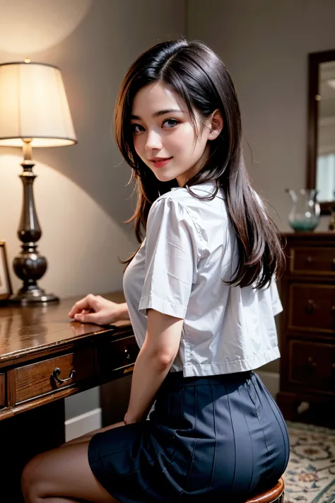 very cute and beautiful girl,(highly detailed beautiful face),
(smile:1.2),blush,looking at viewer,black hair,serafuku,short sleeve,pleated navyblue mini skirt,
(looking back,from behind),(leaning forward,hands at furniture),
antique hotel bedroom,victoria...