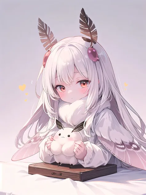 mothgirlcpt, moth antennae, moth wings, solo, 1girl, drooping tactile sensation、cute、fluffy、Light production、Silkworm moth,((Miniature Background))