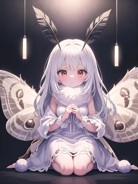 mothgirlcpt, moth antennae, moth wings, solo, 1girl, drooping tactile sensation、cute、fluffy、Light production、Silkworm moth,((Miniature Background))