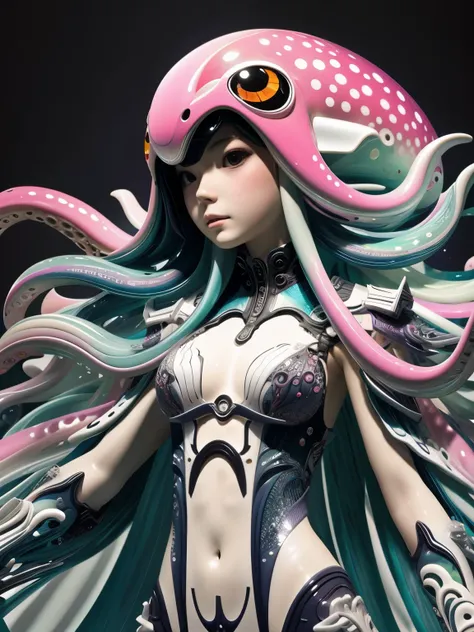 (high quality), (masterpiece), (detailed), 8K, Hyper-realistic illustration portrays (Japanese girl1.3) donning (dazzling squid attire1.2) with delicate (tentacle accents1.2) and (iridescent scales1.2), highlighting (upper body1.2) in a captivating pose, i...