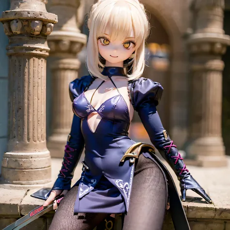 (Tabletop), Highest quality, Expressive eyes, Perfect Face Fate Saber Contrapposto Dress(((((Wear the sword))))))smile