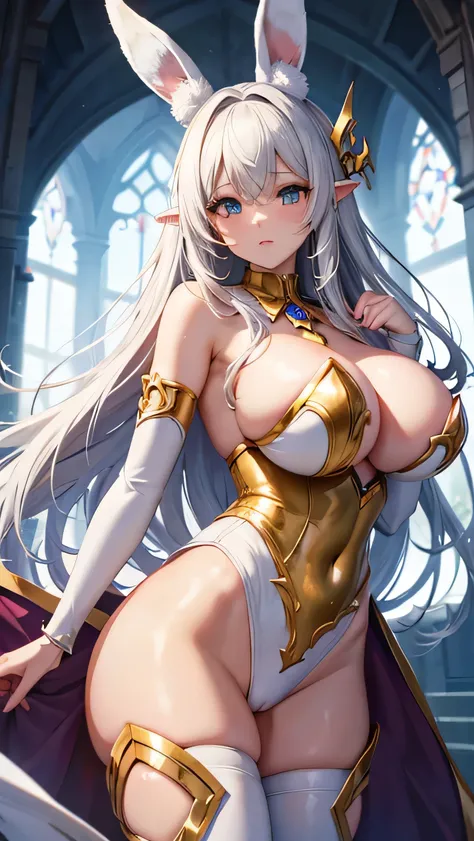 Highest Resolution,8k,Dark Elf,White Bunny Girl,Huge breasts ,High resolution backgrounds,of gold,Super big breasts,