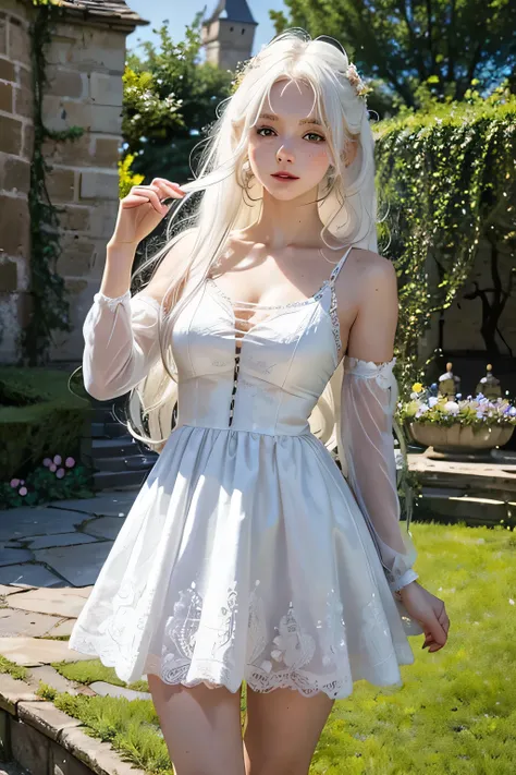 A 20-year-old girl, and , He is short, Curly white hair.. She is very pretty, and Slavic skin and freckles, Wearing a short princess dress, Expose her legs, It is located in the garden of a castle,