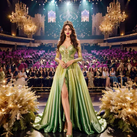 a woman in a green dress standing on a stage with a crowd, rendering of beauty pageant, fantasy long intricate gown, extravagant dress, anton fadeev 8 k, fantasy dress, expensive voluminous dress, flowing gown, intricate fantasy dress, long gown, 8k)), gla...