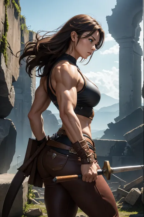 Realistic, 8k,ファンタジーのアラフェッドは茶色の鎧を着たGerman Womanの写真のPauseをとる,Super muscular body,　Women with fearless features(Lifelike face),　Super muscular and macho woman,　Brown-haired Helly Shorthair,　Super muscular macho man in brown pants and protectors,masterpiece、8...