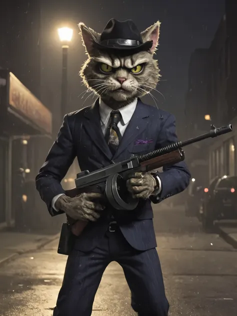 plants vs. zombies style, anthropomorphic furry cat in a gangster suit carrying a tmmygn submachine gun in a nighttime chicago s...