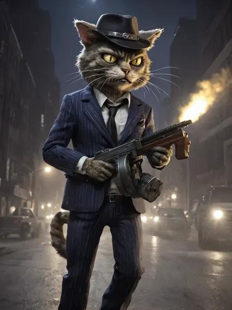 plants vs. zombies style, anthropomorphic furry cat in a gangster suit carrying a tmmygn submachine gun in a nighttime chicago s...