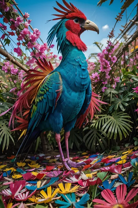 a colorful bird is standing in the middle of a bunch of red and blue flowers, colorful plumage, amazing colours, colorful bird with a long, feathered, beautiful feathers, surrealistic bird, colorful birds, vibrant pink, tropical bird feathers, turaco morph...