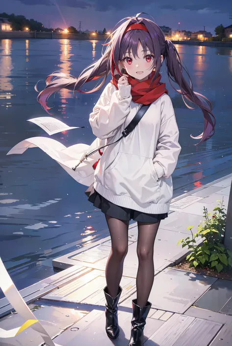 yuukikonno, Konno Yuuki, Long Hair, Pointed Ears, Purple Hair, (Red eyes:1.5), (Small breasts:1.2), Open your mouth,happy smile, smile, Open your mouth,hair band,low twin tail,Red Scarf,Oversized purple hoodie,Black pantyhose,Long skirt,short boots,Holding...