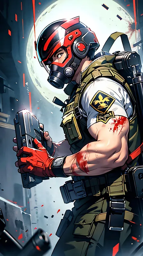 最high quality、Best image quality、masterpiece、male((humanoid、Railgun、Bulletproof vest、Jetpack、Red visor、Run、Assault rifle,Full of wounds,gas mask、Gold Color、Fighting Pose、Muscular,Blood splatter,Tattered)）high quality、Beautiful art、background((underground,F...