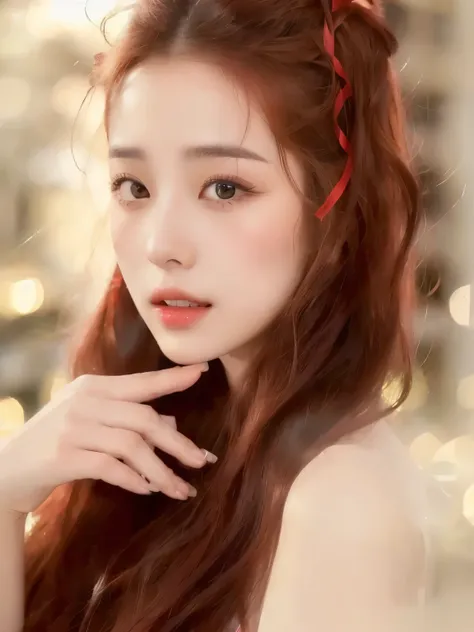 close up of woman with long red hair and red ribbon, linda mulher sul-korean, maquiagem korean popular, maquiagem sul-korean pop...