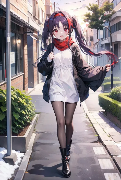 yuukikonno, Konno Yuuki, Long Hair, Pointed Ears, Purple Hair, (Red eyes:1.5), (Small breasts:1.2), Open your mouth,happy smile, smile, Open your mouth,hair band,low twin tail,Red Scarf,Oversized purple hoodie,Black pantyhose,Long skirt,short boots,Holding...