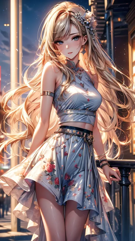 ((Highest quality, 8k, masterpiece: 1.3)), 1 girl, Slim Beauty: 1.3, (Long Hair: 1.2), Floral Skirt, Long legs: 1.1, Super delicate face, Beautiful Eyes, double eyelid, Outdoor, Octane Rendering