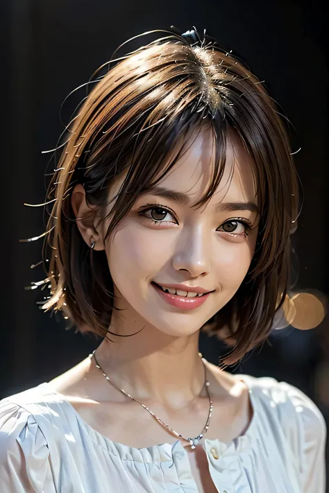 ((masterpiece)), ((Highest quality)), ((Complex)), ((Surreal)), (Realistic), (Mature Woman), ((No classes)), Very detailed, (1 female), Beautiful and exquisite, (Beautiful Teeth), Grin, Brunette Bob Hair, Brown eyes, ((blouse)), (Upper Body), (background:n...