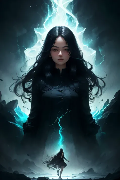 ((best quality)), ((masterpiece)), (detailed), A digital illustration of a long black haired girl being surrounded by dark, negative energy