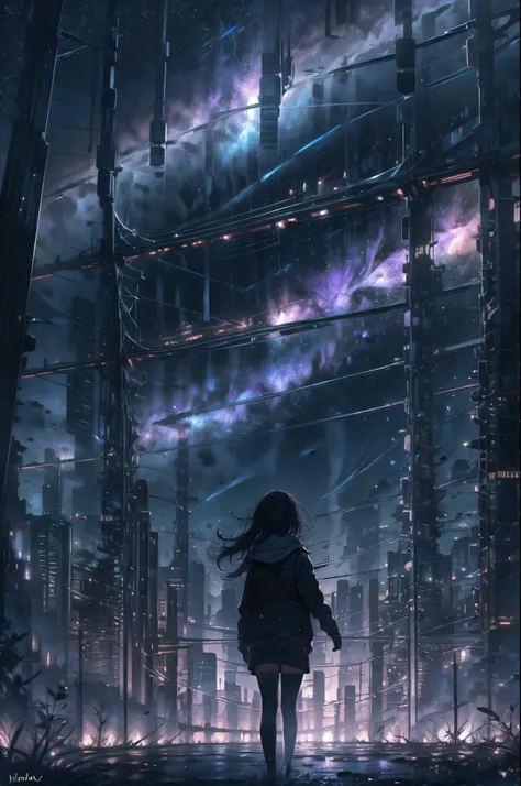 starry sky with constellations, purple hue like a nebula, vast space, the bottom of cyberpunk city,