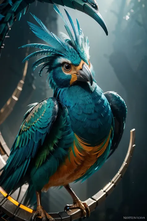 A stunning, hyper-detailed, and fantastical bird creature with vibrant, iridescent feathers in shades of blue, green, orange, and red. The bird has large, expressive eyes and an intricate, almost mechanical-looking beak and plumage. The image has a surreal...